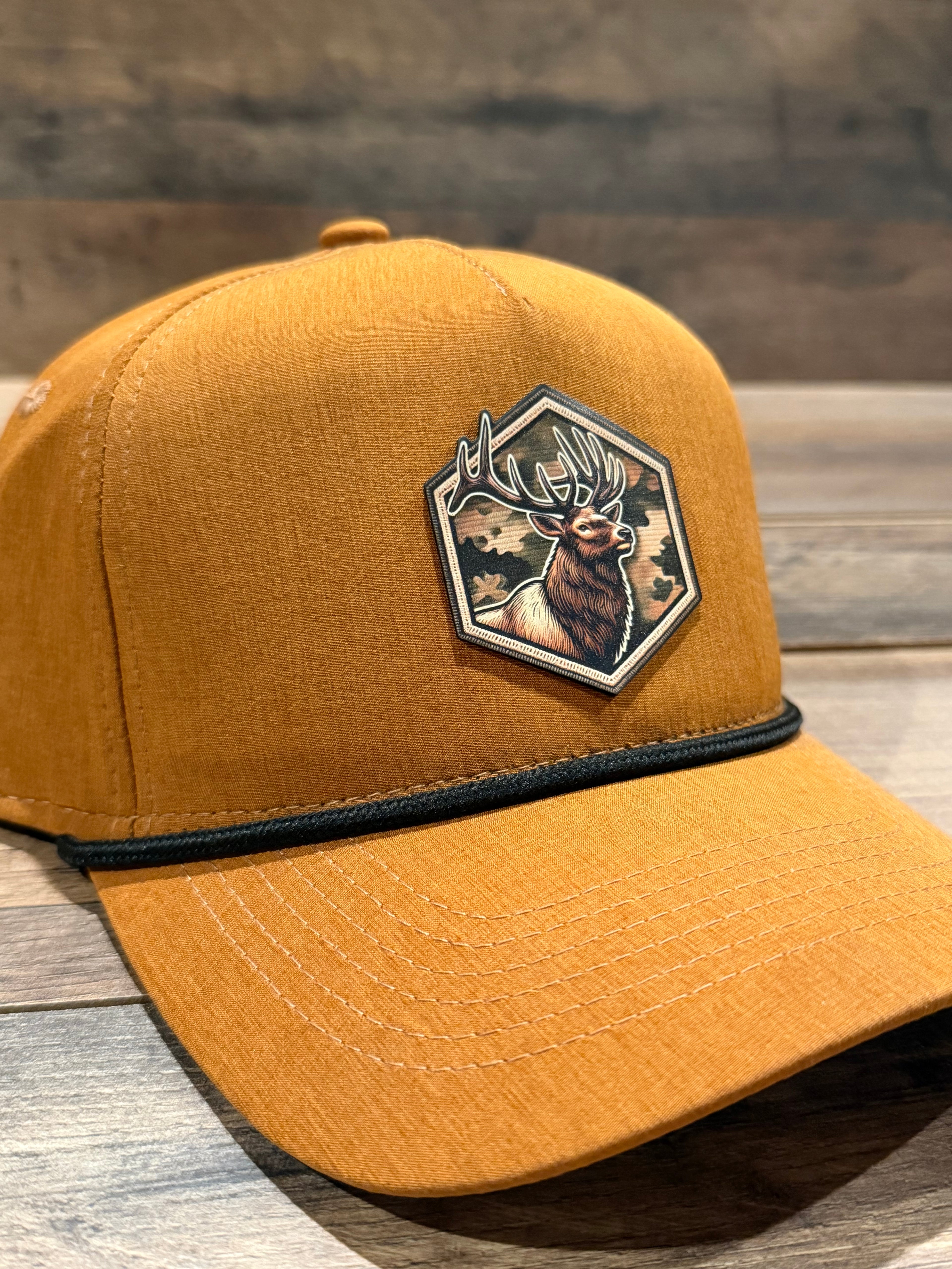 Heathered Canyon hat with elk patch on it